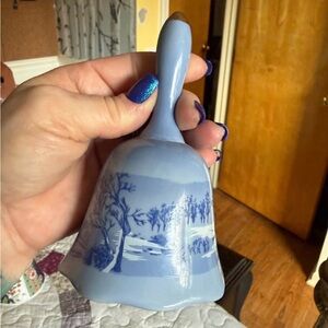 Currier & Ives Blue Ceramic Decorative Bell with Winter Scene